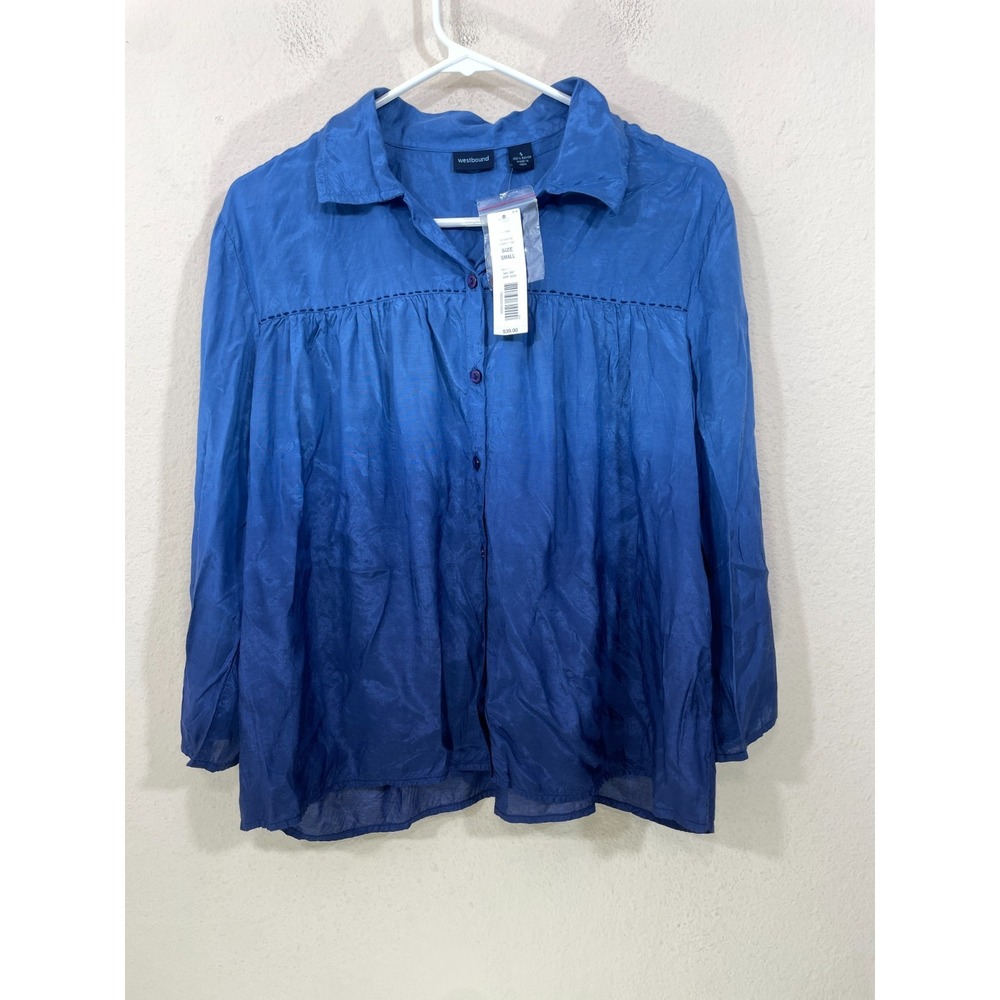 New Westbound Womens Small Royal Blue Ombre Blouse Rayon Career Button Front NWT